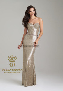 China Evening Dress Long Bridesmaid Dresses with Gold Sequin Fabric